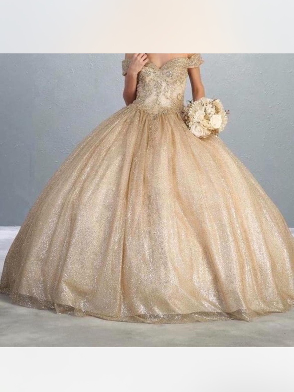 Gold Off-Shoulder Glitter Ball Gown Dress for Girls
